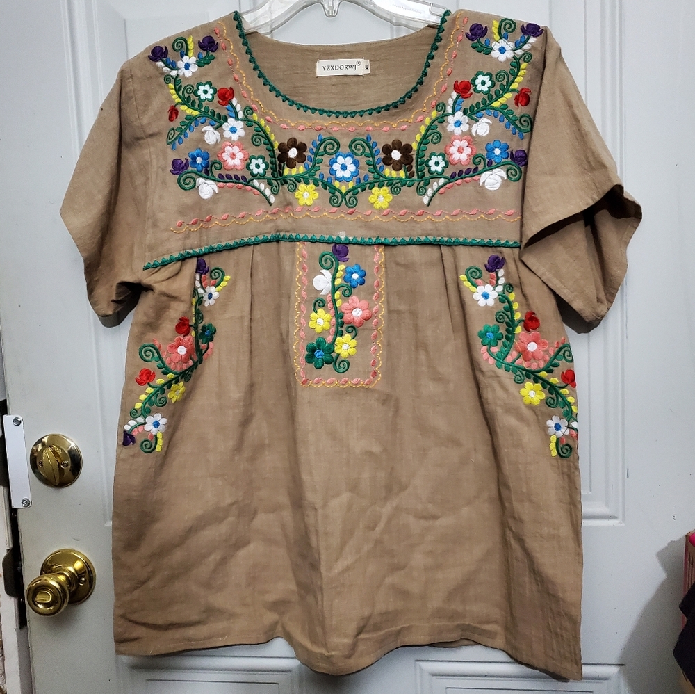 Embroidered Florals Khaki Short Sleeve Peasant top XL NWOT Bohemian YZXDORWJ - Picture 2 of 7